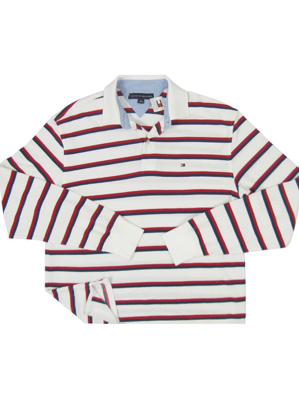 NEW Vintage Tommy Hilfiger Long Sleeve Polo Shirt! White  Red Stripes Tommy Flag